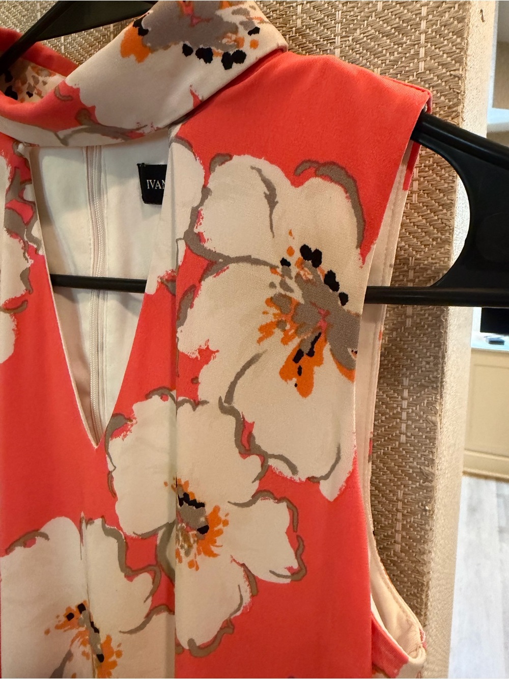 Coral Pink Floral Sleeveless Mock Neck Sheath Dress - Picture 3 of 8